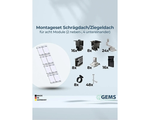 Montageset für Schrägdach und Ziegeldach, geeignet für acht Module, inklusive Montagematerial und GEMS Logo