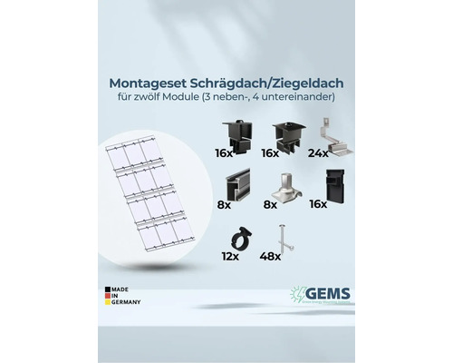 Montageset für Schrägdach oder Ziegeldach für zwölf Module mit Zubehör