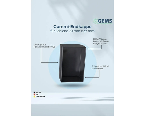 Gummi Endkappe für 70 mm x 37 mm Schiene aus Polyvinylchlorid, Höhe 74 mm, Breite 49,5 mm, Länge 25 mm, hergestellt in Deutschland, schützt vor Wind und Wetter