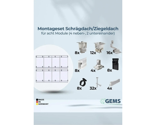 Montageset für Schräg- und Ziegeldächer für acht Module, inklusive Montagezubehör und GEMS Logo