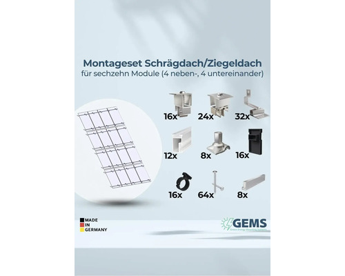 Montageset für Schrägdach oder Ziegeldach für sechzehn Module, Made in Germany, GEMS Green Energy Mounting Systems Logo