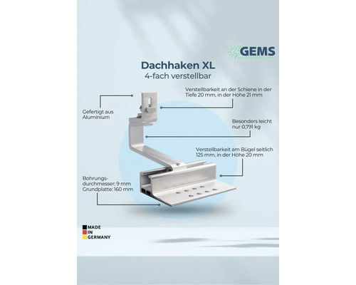 Dachhaken XL, vierfach verstellbar, aus Aluminium gefertigt für Photovoltaikanlagen