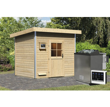 Holzsauna mit Tür, Fenster und Saunaofen