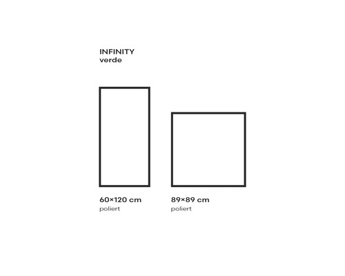 Illustration von zwei polierten Infinity Verde Fliesen, eine 60x120 cm, die andere 89x89 cm