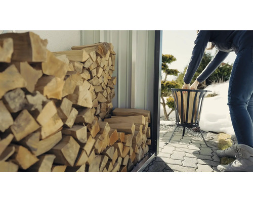 Holzlager gefüllt mit Brennholz, Frau füllt Brennholzkorb