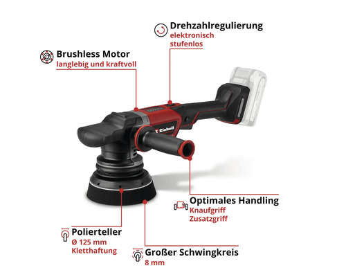 Einhell Poliermaschine mit bürstenlosem Motor, 125 Millimeter Polierteller und elektronischer Drehzahlregulierung