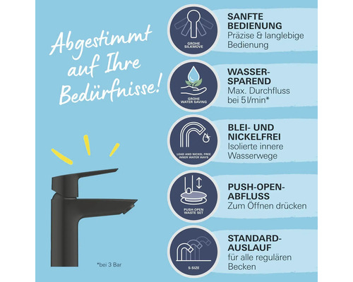 Armatur mit Symbolen für sanfte Bedienung, Wassersparen, Blei- und Nickelfreiheit, Push-Open-Abluss und Standardauslauf