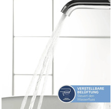 Wasserhahn mit Wasserfluss und Hinweis auf verstellbare Belüftung