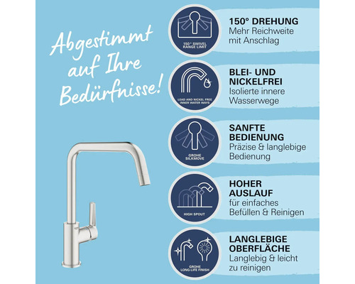 Küchenarmatur mit Produktvorteilen: 150 Grad Drehung, blei- und nickelfrei, sanfte Bedienung, hoher Auslauf, langlebige Oberfläche