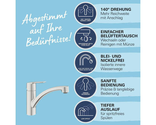 Küchenarmatur mit Produktvorteilen wie 140 Grad Schwenkbereich, einfachem Belüftertausch, Blei- und Nickelfreiheit, leichtgängiger Bedienung und tiefem Auslauf