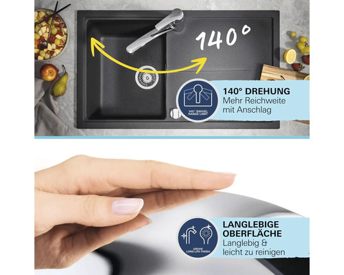 Spüle mit Abtropffläche und Armatur mit 140 Grad Schwenkbereich