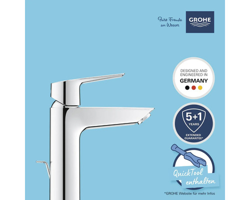Glänzender Chrom-Wasserhahn mit Grohe Logo, Siegel Designed and Engineered in Germany, 5 plus 1 Jahre erweiterte Garantie und Quicktool enthalten.