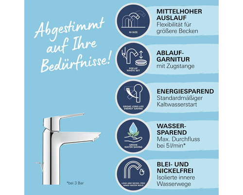 Armatur mit mittlerem Auslauf, Ablaufgarnitur mit Zugstange, energiesparend, wassersparend und blei- und nickelfreie Wasserwege.