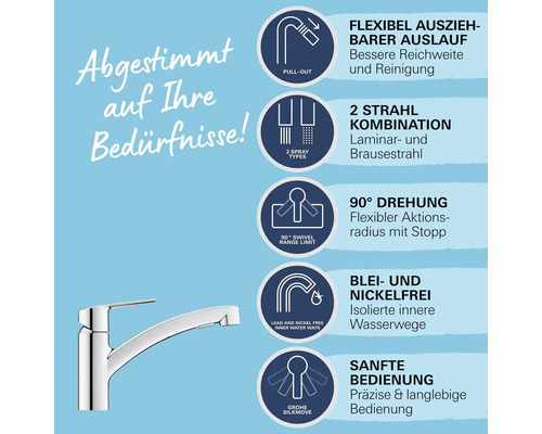 Küchenarmatur mit ausziehbarem Auslauf, zwei Strahlarten, 90 Grad Schwenkbereich, blei- und nickelfreien Wasserwegen und Grohe Silkmove Technologie