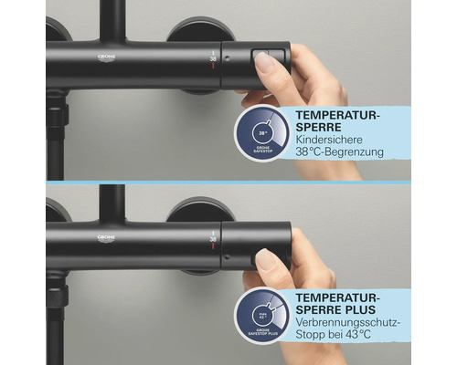 Grohe Logo. Detail einer Thermostatarmatur mit Temperatursperre bei 38 Grad und Temperatursperre Plus mit Verbrühschutz-Stopp bei 43 Grad.