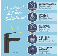 Armatur mit Hinweisen zu Eigenschaften wie Energiesparen, Wassersparen, Bleifreiheit, Nickel Freiheit, Push-Open-Ablauf und mittelhohem Auslauf