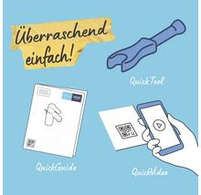 Abbildung zur einfachen Installation mit Werkzeug, Anleitung und Video