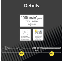 Details zu Lumen pro Meter, Watt, Volt, Hertz, Farbwiedergabeindex, Stoßfestigkeit, Farbtemperatur und Schutzart