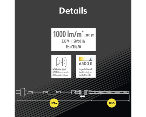 Details zu Lumen pro Meter, Watt, Volt, Hertz, Farbwiedergabeindex, Stoßfestigkeit, Farbtemperatur und Schutzart