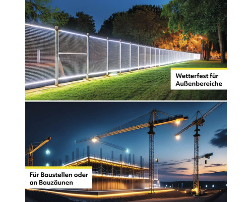 Beleuchteter Zaun für den Außenbereich und Baustellenbeleuchtung mit Kränen im Hintergrund