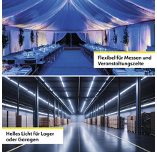 Zwei Szenen: Festzelt mit Beleuchtung und Lagerhalle mit Beleuchtung.