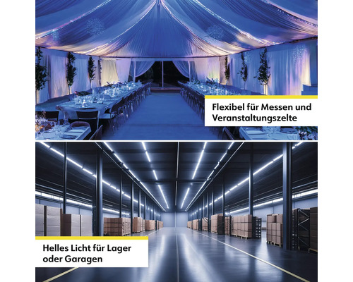 Zwei Szenen: Festzelt mit Beleuchtung und Lagerhalle mit Beleuchtung.