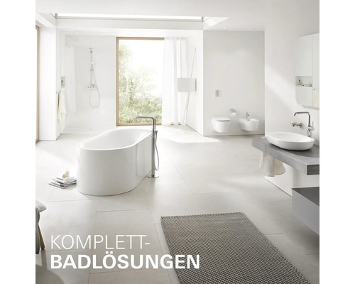 Helles Badezimmer mit freistehender Badewanne, Dusche, Waschbecken, Toilette und Bidet.