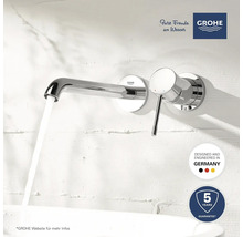 Aufputz-Waschtischarmatur mit fließendem Wasser. Grohe Logo. Hergestellt in Deutschland. Fünf Jahre Garantie.