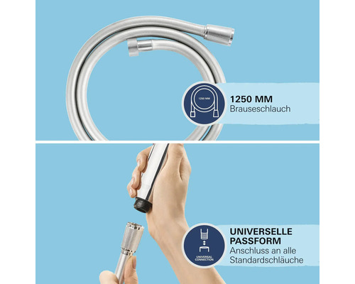 Brauseschlauch mit einer Länge von 1250 mm und universeller Passform für Standardanschlüsse.