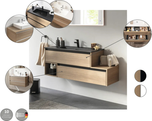 Modernes Badezimmer mit Waschtischunterschrank, Armatur und Spiegel