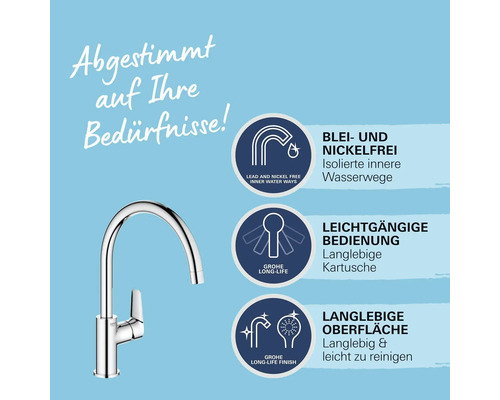 Armatur mit Hinweisen zu Eigenschaften wie blei- und nickelfreien Wasserwegen sowie langlebiger Kartusche und Oberfläche