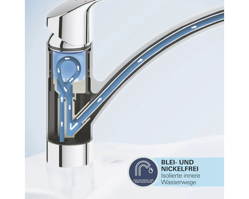 Wasserhahn mit Darstellung der Wasserwege und dem Hinweis Blei- und Nickelfrei