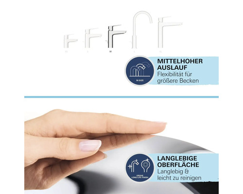 Verschiedene Größen von Wasserhähnen und Informationen zur Flexibilität für größere Becken sowie zur langlebigen und leicht zu reinigenden Oberfläche.