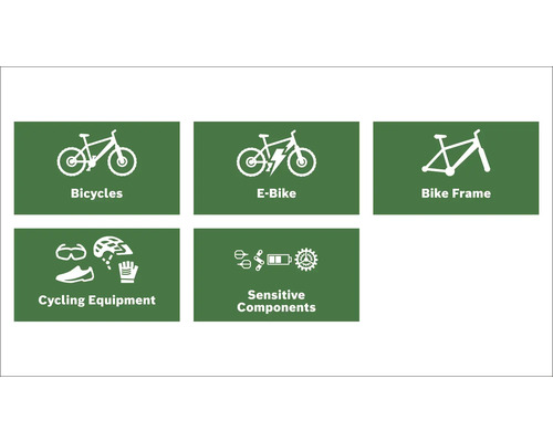 Abbildungen von Fahrrädern, E-Bikes, Fahrradrahmen, Fahrradzubehör und empfindlichen Komponenten