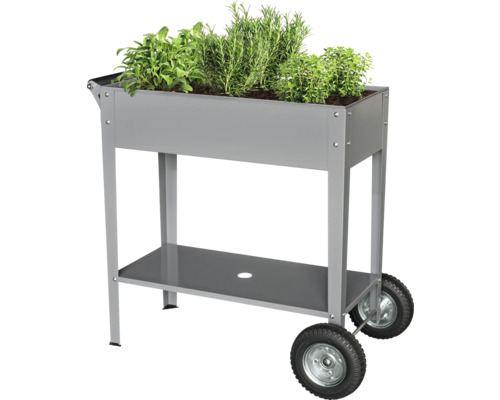 Hochbeet aus Metall mit Rädern und Kräutern