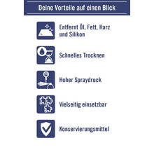 Produktvorteile im Überblick: Entfernt Öl, Fett, Harz und Silikon, schnelles Trocknen, hoher Spraydruck, vielseitig einsetzbar, Konservierungsmittel