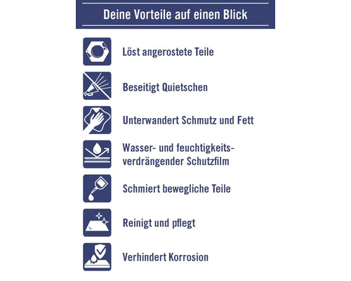 Übersicht der Produktvorteile: Löst verrostete Teile, beseitigt Quietschen, unterwandert Schmutz und Fett, wasserabweisender Schutzfilm, schmiert bewegliche Teile, reinigt und pflegt, verhindert Korrosion.