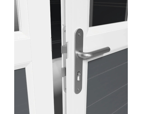 Detailansicht einer geöffneten Tür mit silberfarbenem Griff und Schloss