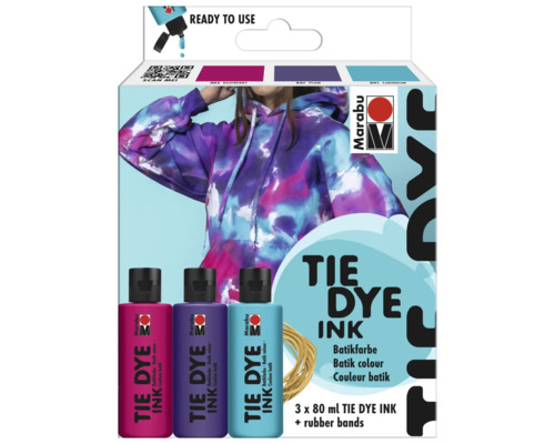 Marabu Tie Dye Ink Set mit drei Farben und Gummibändern