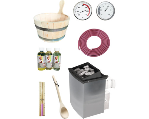 Sauna Zubehör Set mit Holzkübel, Thermometer, Hygrometer, Duftstoffen, Schlauch, Schöpfkelle und Saunaofen mit Steinen