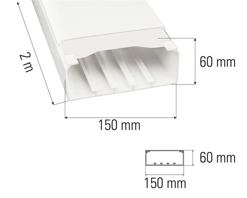 Abbildung eines Kabelkanals mit den Maßen 2 Meter Länge, 150 Millimeter Breite und 60 Millimeter Höhe.