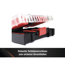 Geöffneter Werkzeugkoffer mit transparentem Deckel und Schiebeverschluss