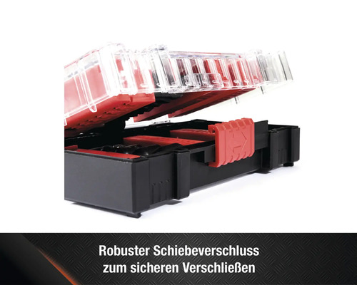 Geöffneter Werkzeugkoffer mit transparentem Deckel und Schiebeverschluss