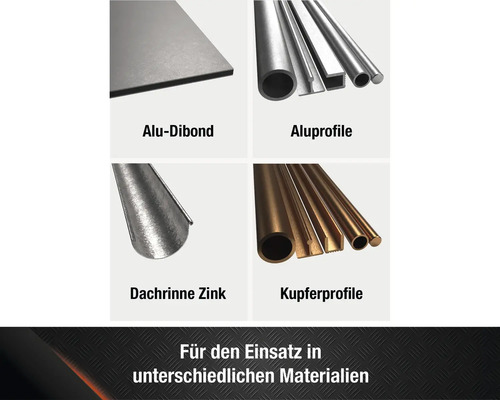 Produktübersicht verschiedener Materialien: Aluminiumverbundplatten, Aluminiumprofile, Zinkdachrinnen und Kupferprofile.