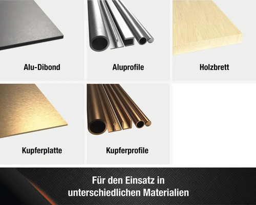 Auswahl an Materialien: Alu-Dibond, Aluprofile, Holzbrett, Kupferplatte, Kupferprofile