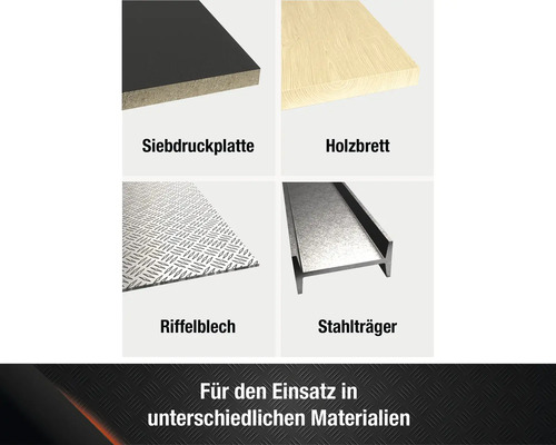 Produktübersicht verschiedener Materialien: Siebdruckplatte, Holzbrett, Riffelblech, Stahlträger