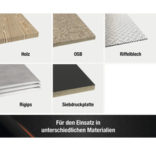 Produktübersicht verschiedener Materialien: Holz, OSB-Platte, Riffelblech, Rigipsplatte, Siebdruckplatte