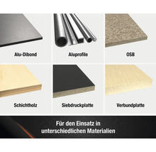 Produktübersicht verschiedener Materialien: Alu-Dibond, Aluprofile, OSB-Platte, Schichtholz, Siebdruckplatte und Verbundplatte