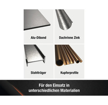 Produktübersicht verschiedener Materialien: Alu-Dibond Platte, Zinkdachrinne, Stahlträger, Kupferprofile