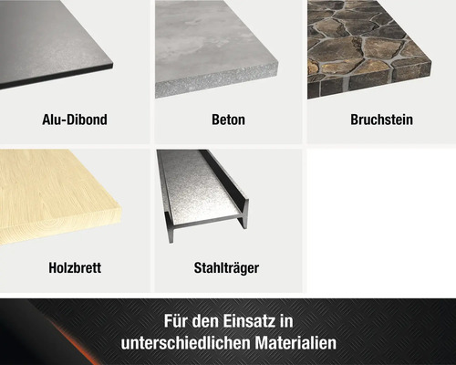 Produktbild verschiedener Materialien: Aluminiumverbundplatte, Beton, Bruchstein, Holzbrett, Stahlträger